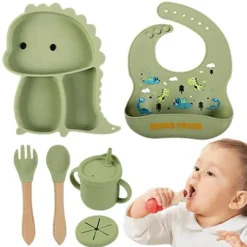 Dino Tablewear Set™ - Sæt med 7 dele - Spisesæt til børn i silikone Online