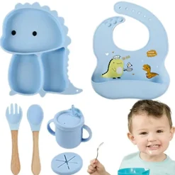Dino Tablewear Set™ - Sæt med 7 dele - Spisesæt til børn i silikone Online