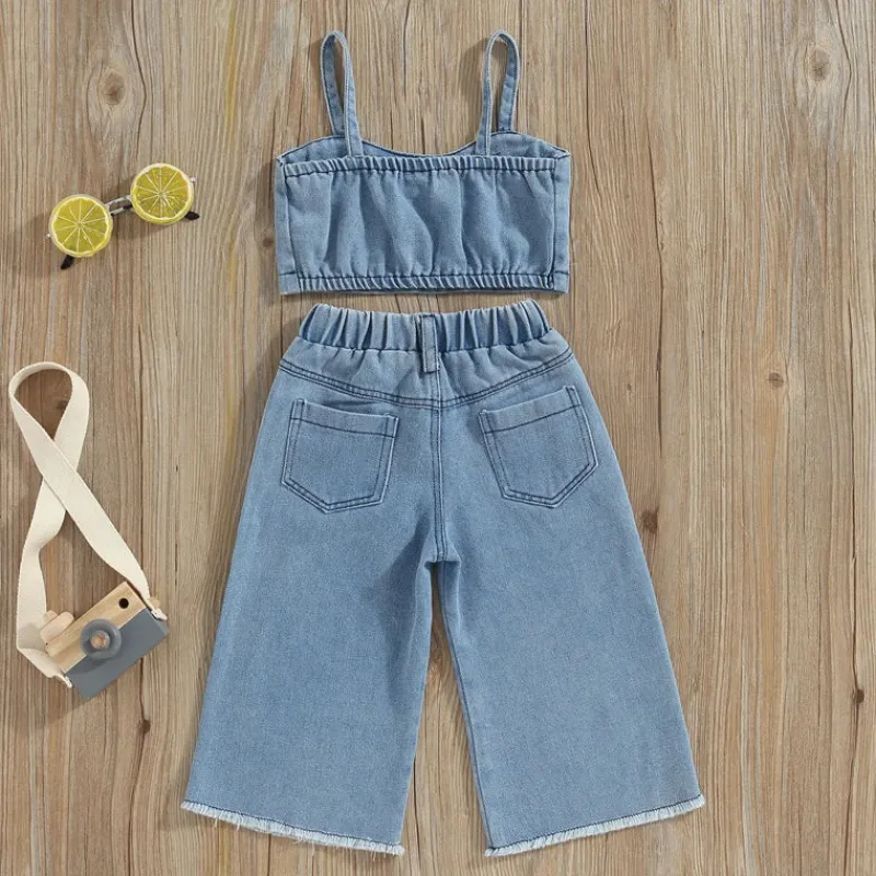 Mini Fashion™ - Smukt broderi - Denim sommersæt Outlet