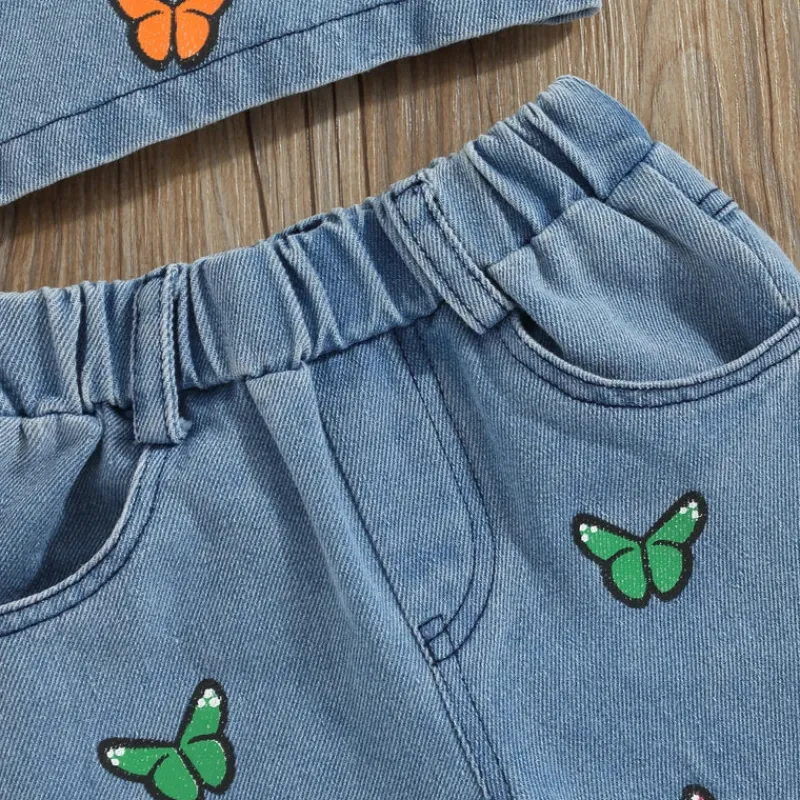 Mini Fashion™ - Smukt broderi - Denim sommersæt Outlet